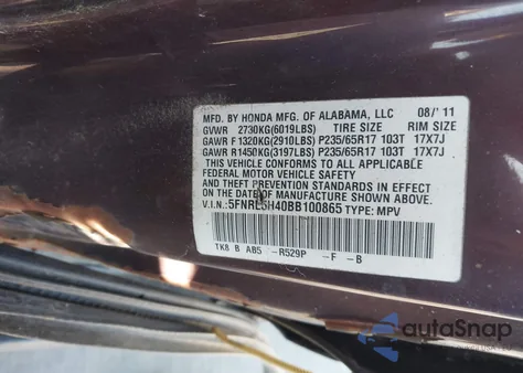 2011 Honda Odyssey Ex z USA, uszkodzony, nr VIN 5FNRL5H40BB100865